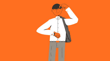 Ilustração com fundo laranja de um homem de camisa branca e calça cinza olhando para seu relógio de pulso.