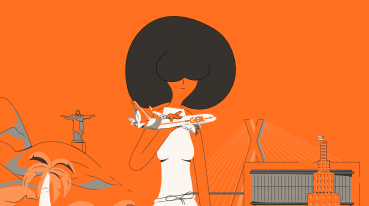 Ilustração com fundo laranja de uma mulher de vestido branco e cabelo preto, segurando um mini avião da gol em frente a algumas estruturas.