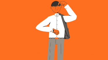  Ilustración con fondo naranja de un hombre mirando su reloj de pulsera.