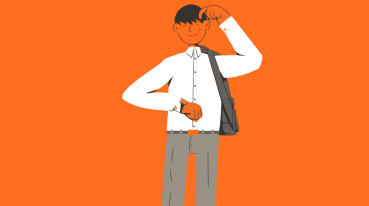 Illustration with orange background Man looking at his wristwatch.