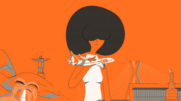 Illustration with orange background of a woman holding a GOL airplane miniature.